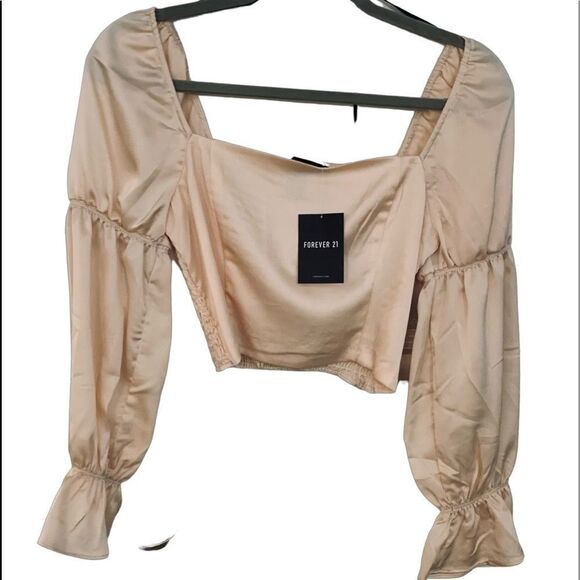Size Small NWT Beige Champagne Peasant Long Sleeve Woven Crop top Forever 21 - Picture 5 of 9
